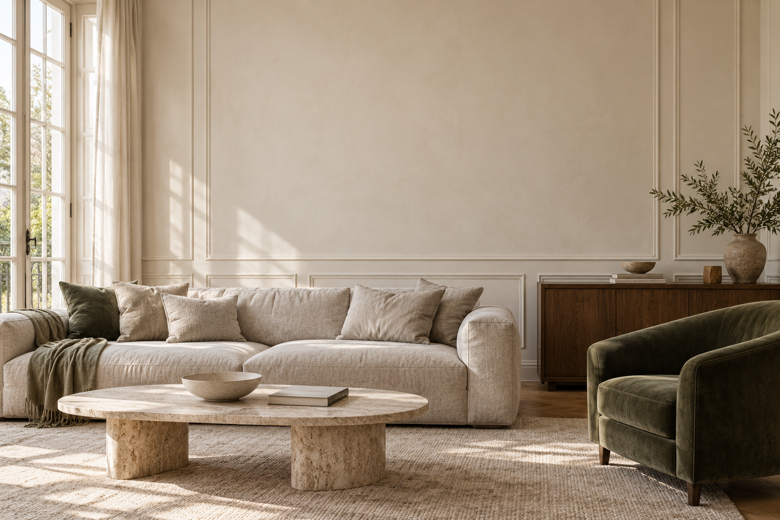An airy living room with linen upholstery, warm wood and a muted green armchair